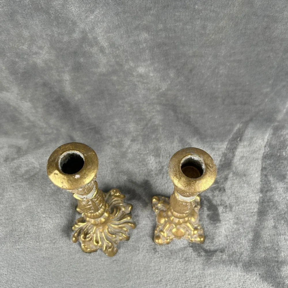 Vintage Antique Gold Cast Metal Candlestick Holders Pair Ornate Heavy Taper Set